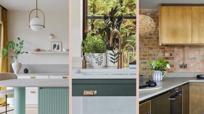 Collage of three kitchens together to show key kitchen trends 2023 including 